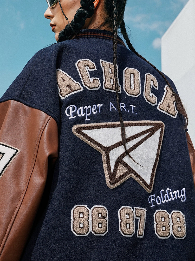 Baseball Jacket | Achock Airplane Embroidery Leather Baseball Jacket | Face 3 Face