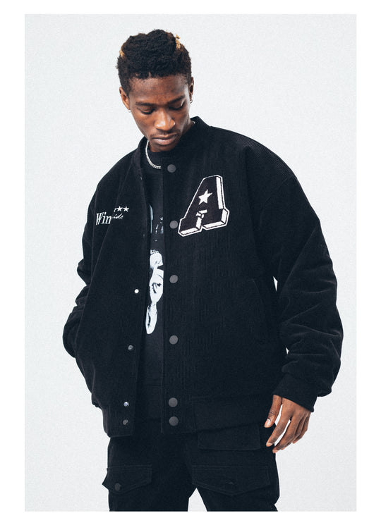 ANTIDOTE 90210 Embroidered Corduroy Varsity Jacket | Face 3 Face