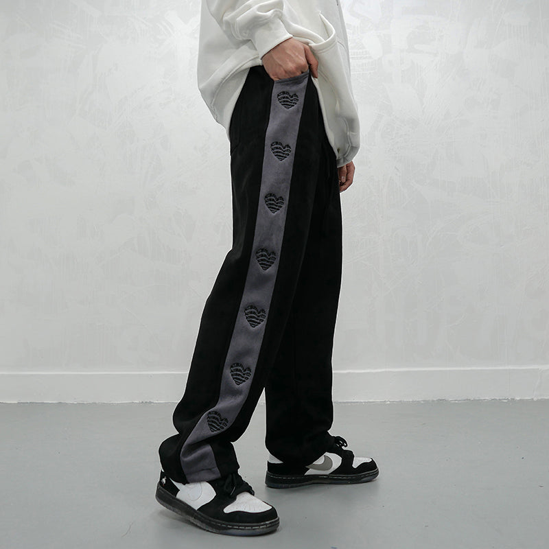 Love Heart Embroidery Velvet Track Pants