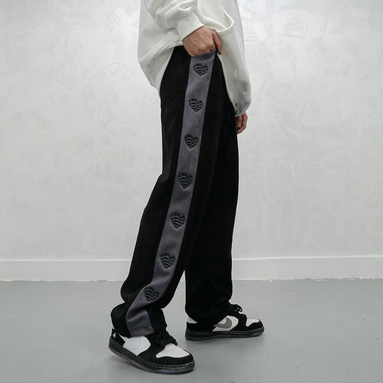 Love Heart Embroidery Velvet Track Pants