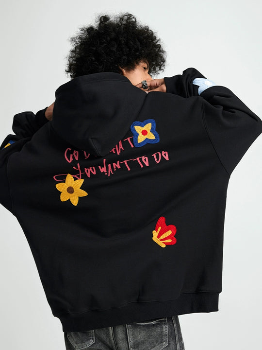 Achock Floral Embroidery Zipper Hoodie