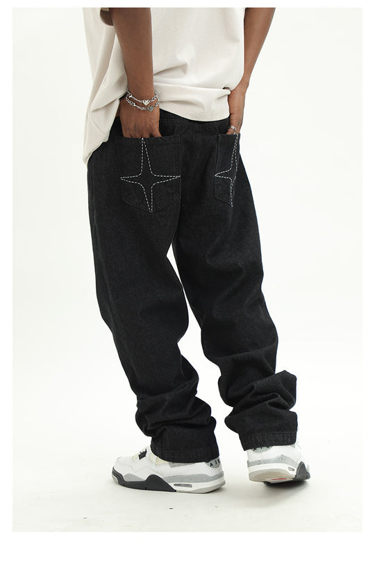 Cashrules Embroidered Loose Black Denim Pants