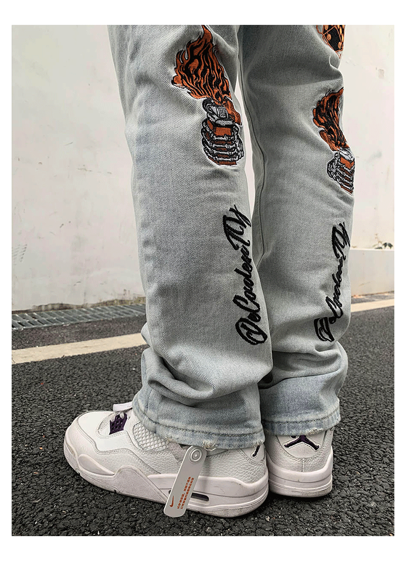 Skull Embroidered Denim Jeans