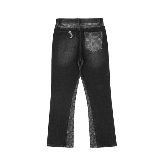 Cashew Flower Stitching Washed Flared Denim Jeans