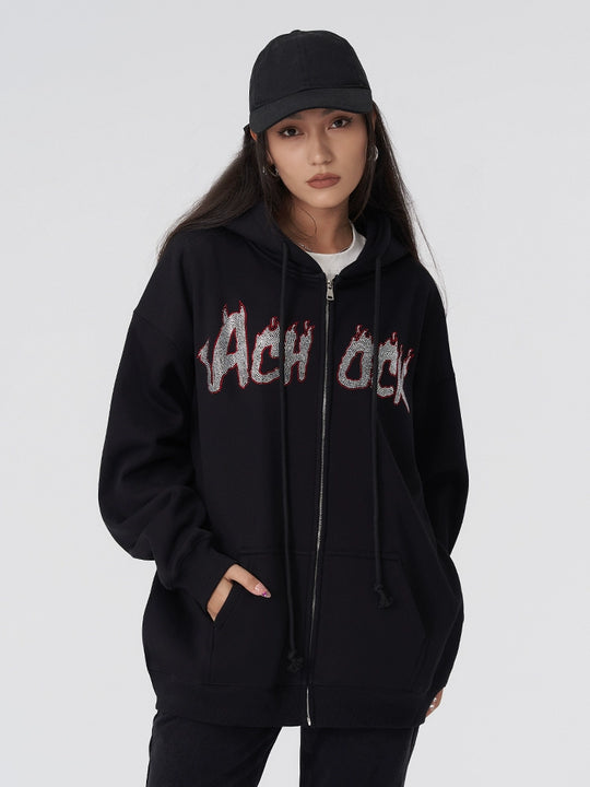 Achock Hot Rhinestone Fire Zipper Hoodie
