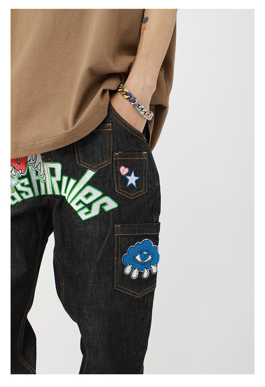 Cashrules Multi Pocket Love Embroidery Denim Pants