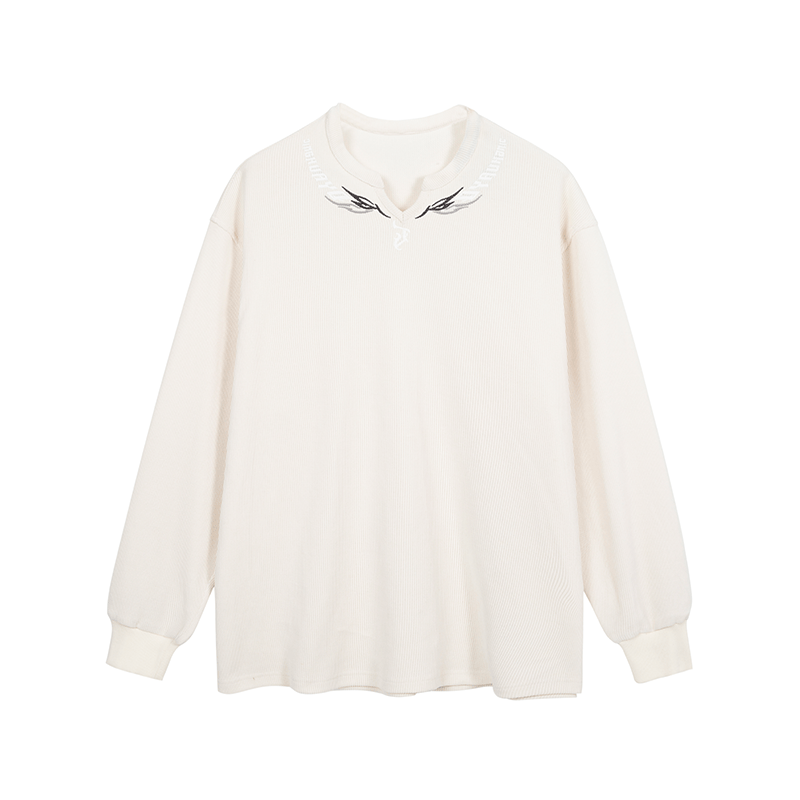 JHYQ Eyes Embroidered V Neck Waffle Long Sleeved Tee