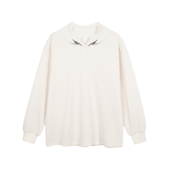 JHYQ Eyes Embroidered V Neck Waffle Long Sleeved Tee