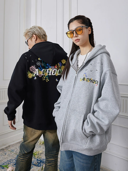 Achock Floral Embroidery Zipper Hoodie | Face 3 Face