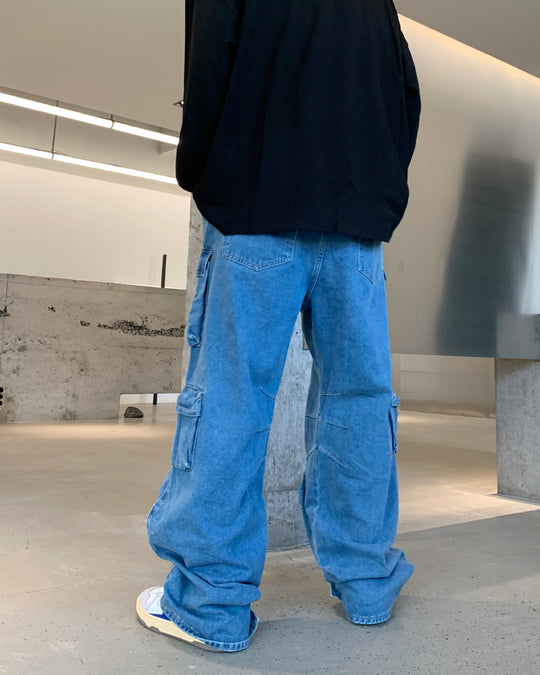 F3F Select Multi Pocket Washed Denim Cargo Pants