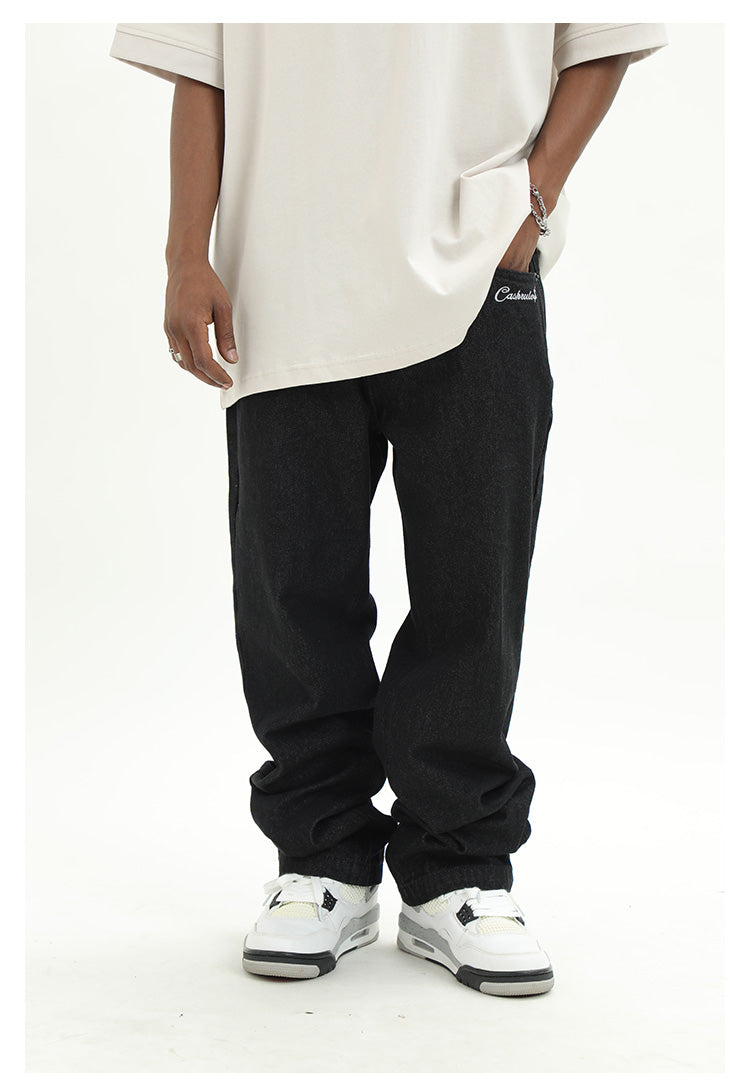 Cashrules Embroidered Loose Black Denim Pants