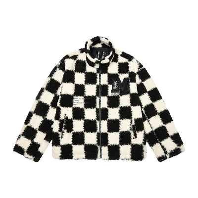 MEDM Logo Embroidered Checkerboard Sherpa Fleece Boa Jacket