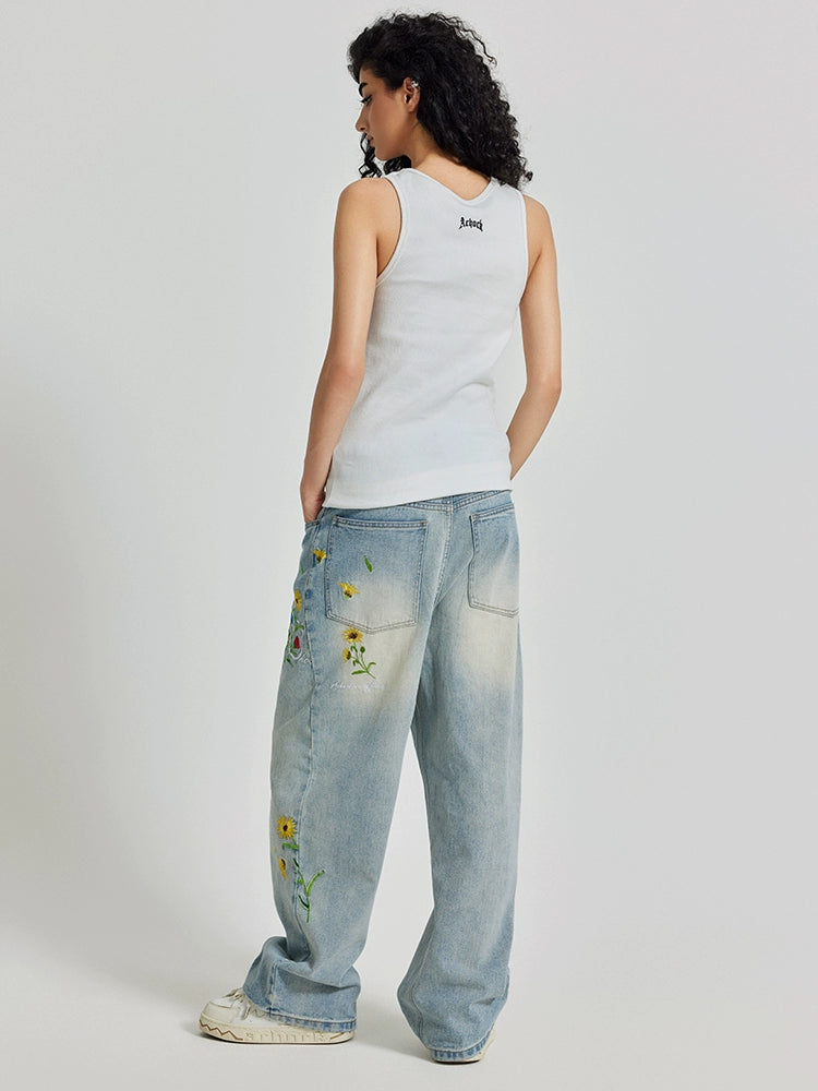 Achock Logo & Flower Embroidery Draped Denim Jeans