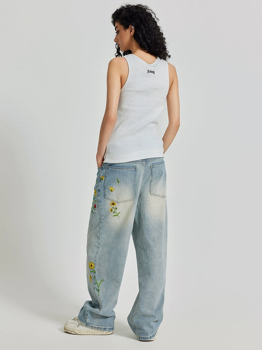 Achock Logo & Flower Embroidery Draped Denim Jeans