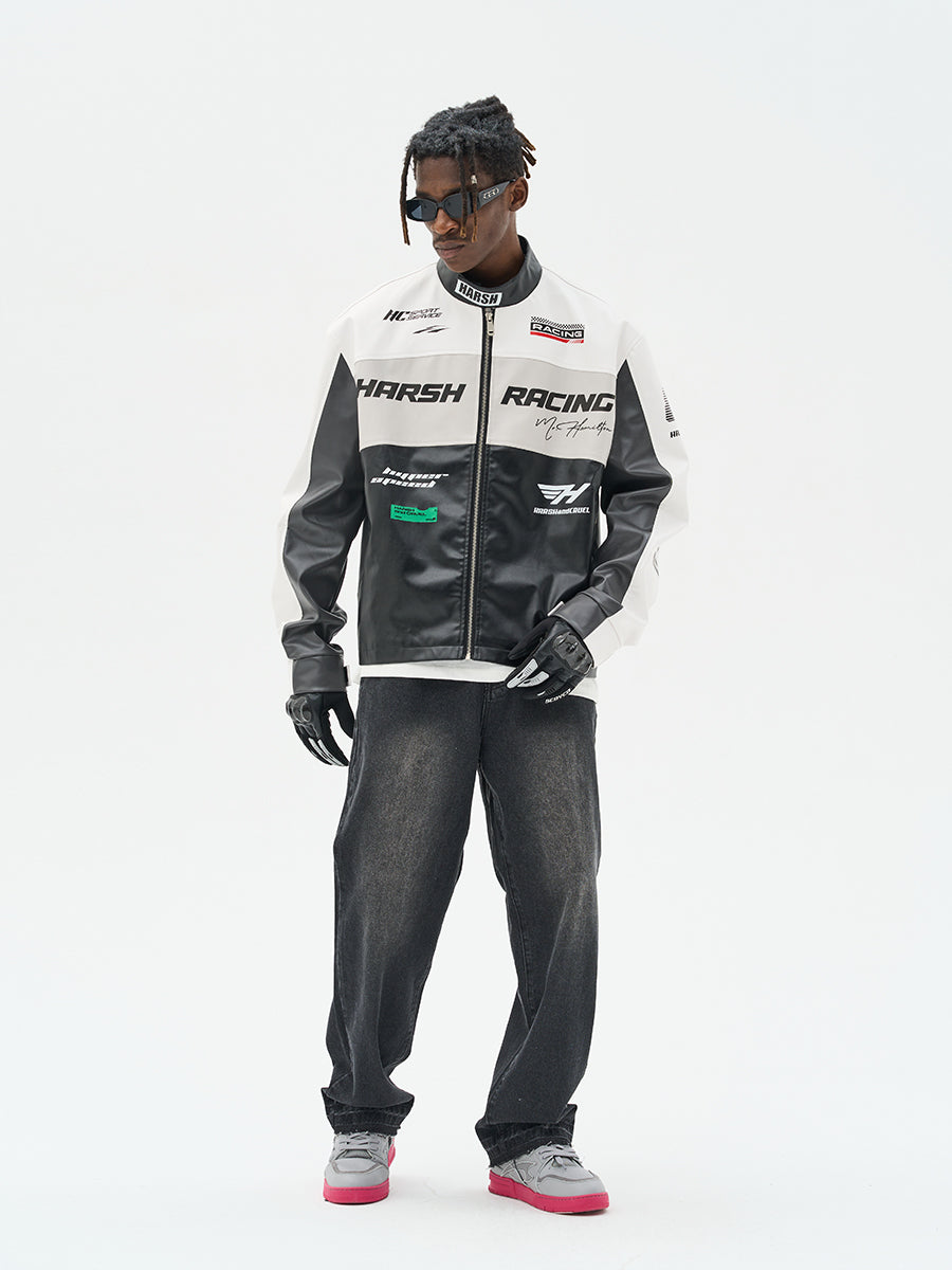 Harsh and Cruel Colorful Lapel F1 Racing Suit Faux Leather Jacket - The jacket features a colorful lapel design, inspired by F1 racing suits. It is made of faux leather material for a sleek, sporty look.