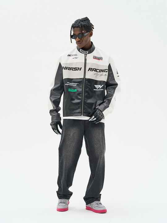 Harsh and Cruel Colorful Lapel F1 Racing Suit Faux Leather Jacket - The jacket features a colorful lapel design, inspired by F1 racing suits. It is made of faux leather material for a sleek, sporty look.