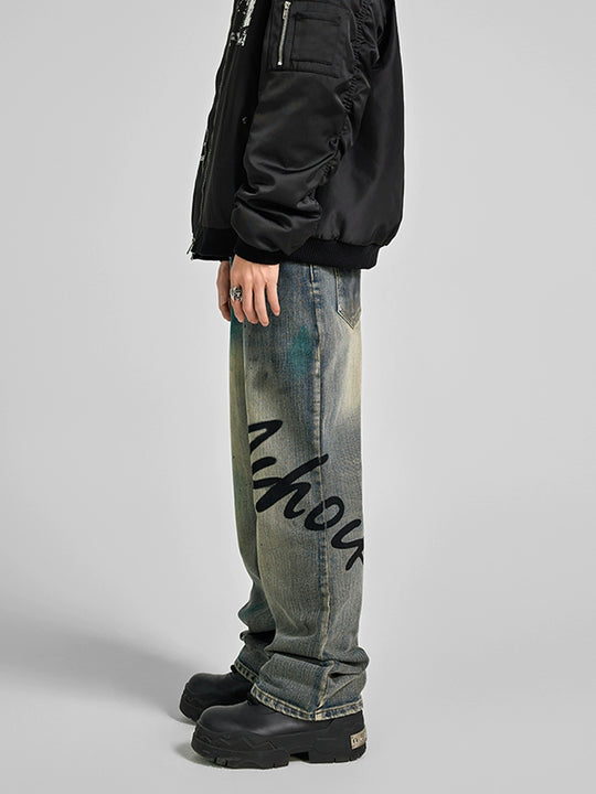 Achock Washed Logo Printed Denim Jeans