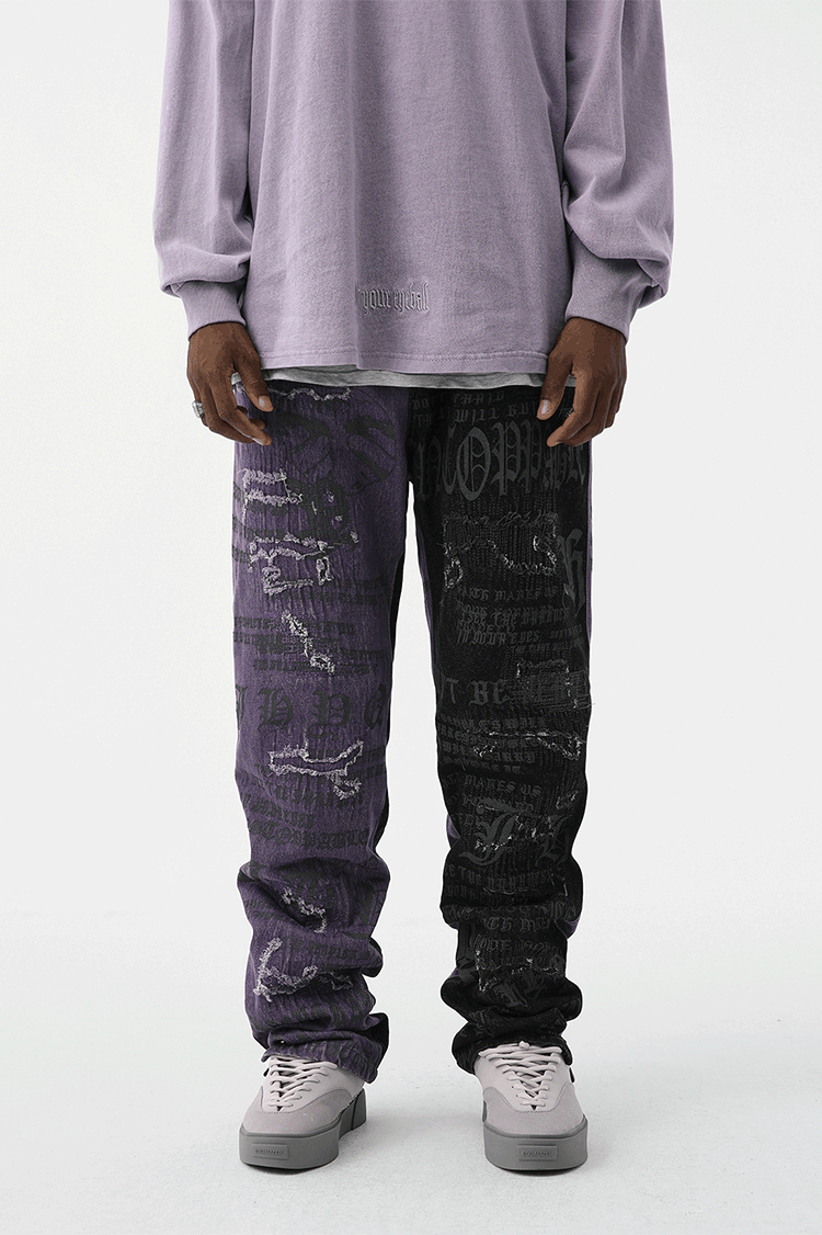 JHYQ Torn Patch Print Color Blocking Denim Jeans