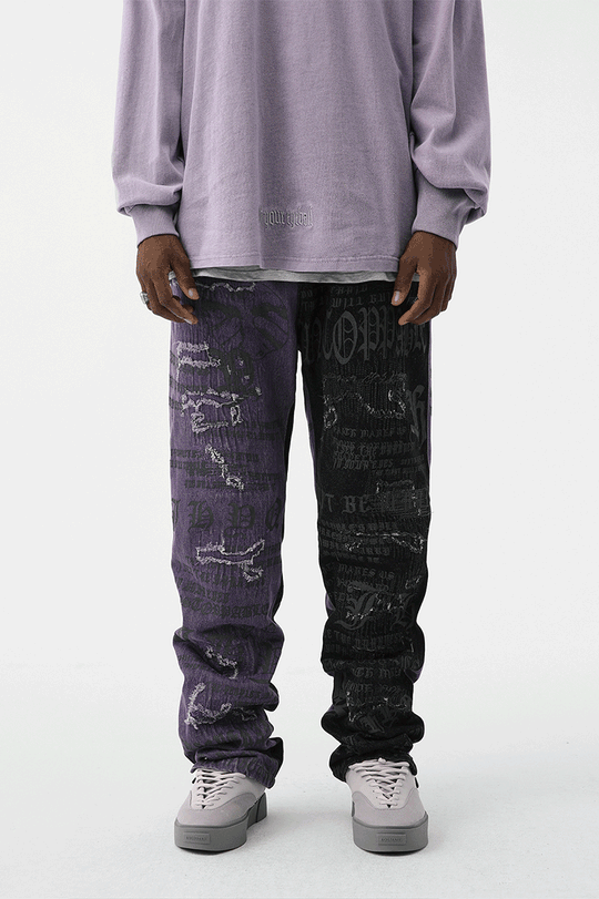 JHYQ Torn Patch Print Color Blocking Denim Jeans