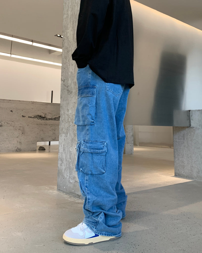 F3F Select Multi Pocket Washed Denim Cargo Pants