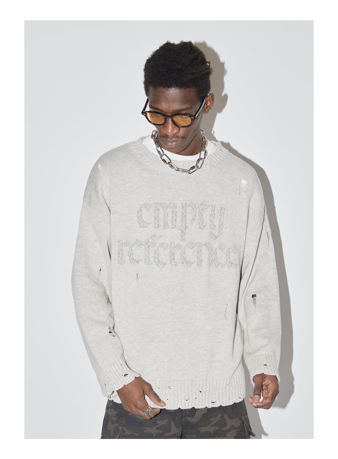 EMPTY REFERENCE Gray Hole Logo Knit Sweater