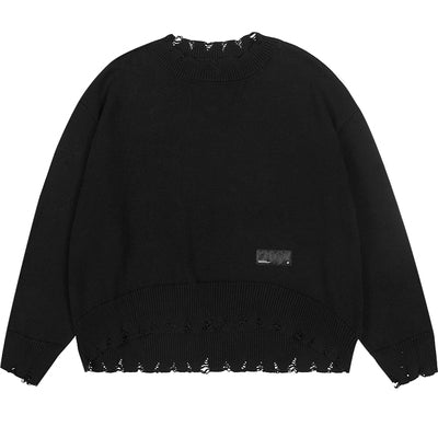 Harsh and Cruel Patch Label Distressed Knit Sweater