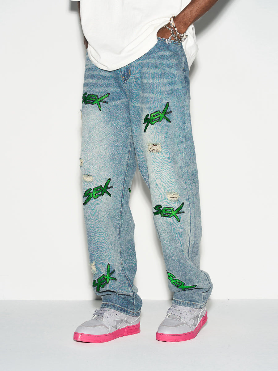 Harsh and Cruel Distressed Embroidered Loose Denim
