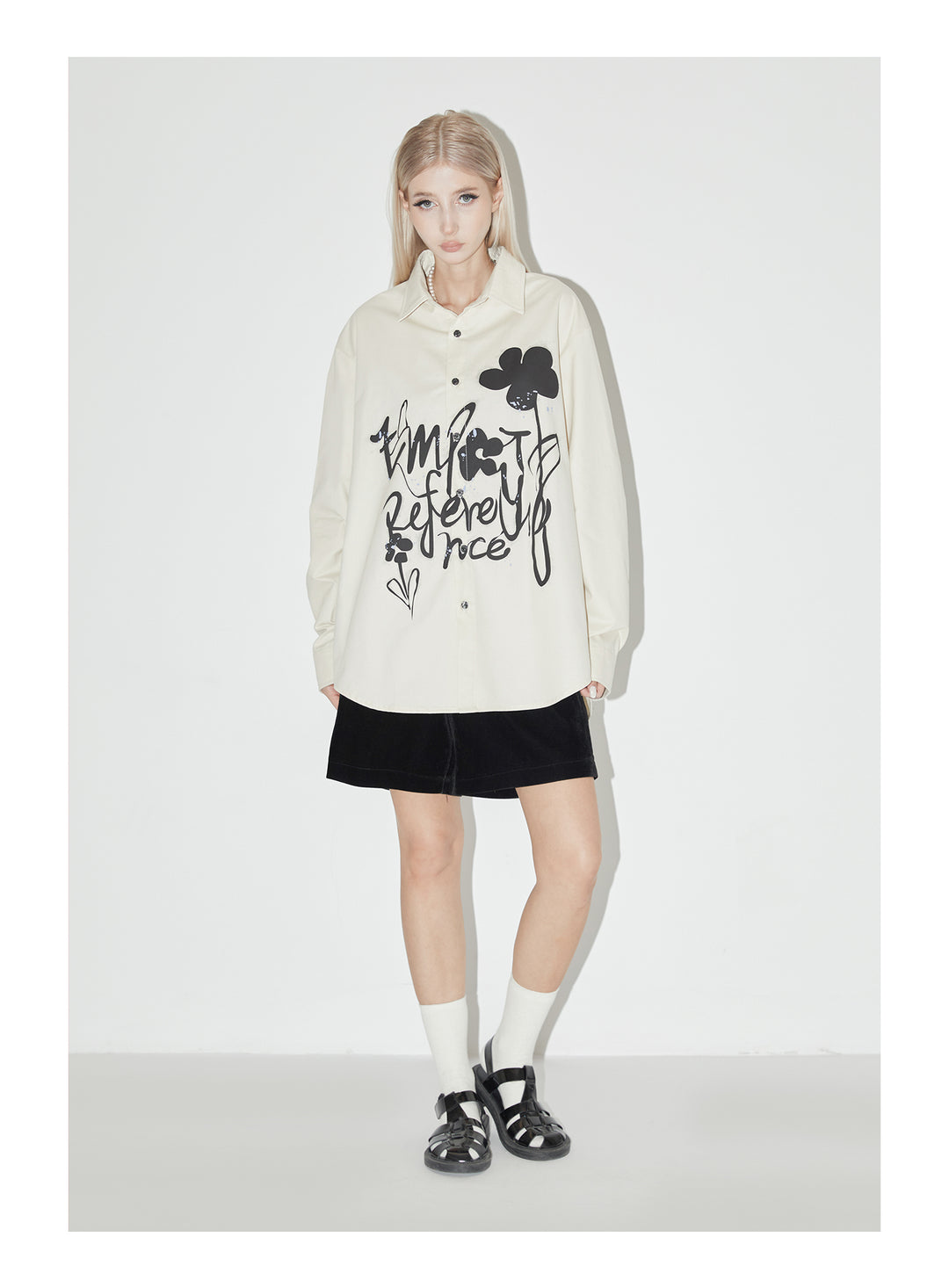 EMPTY REFERENCE Ink Graffiti Flower Print Long Sleeved Shirt