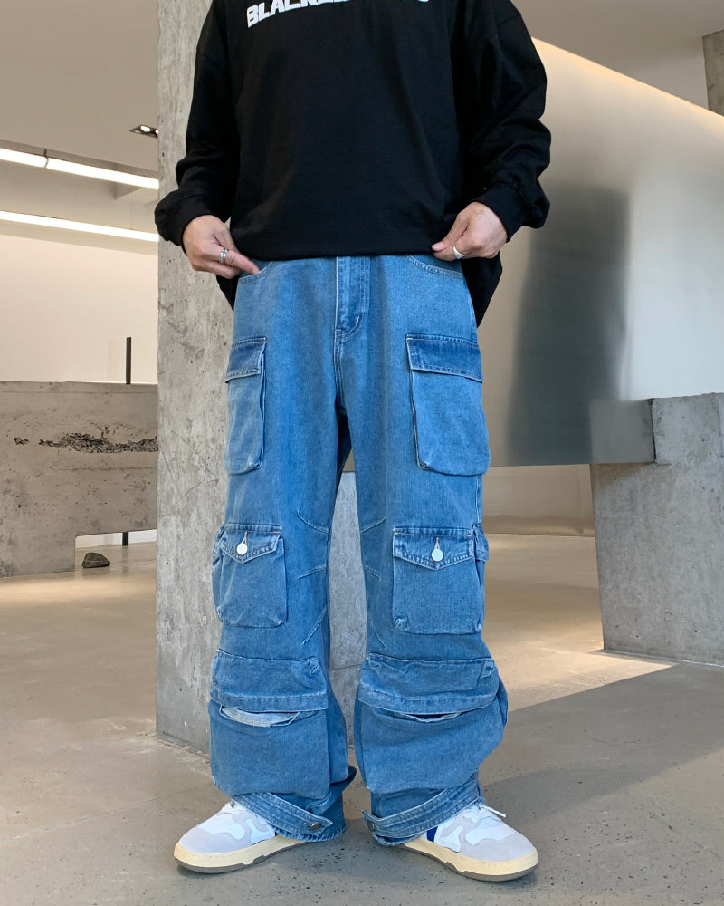 F3F Select Multi Pocket Washed Denim Cargo Pants