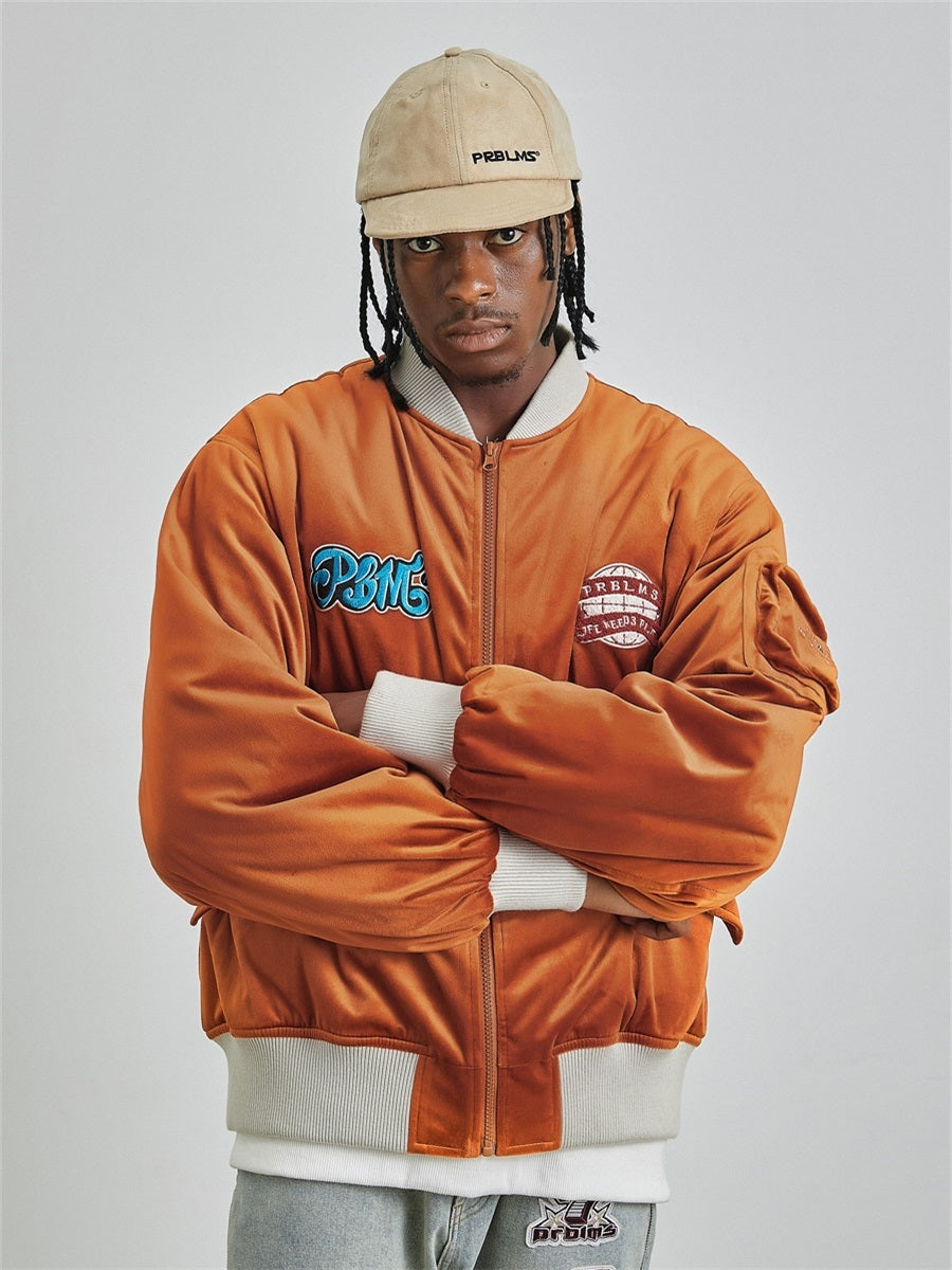 PRBLMS Logo Patch Velvet Flight Jacket | Face 3 Face