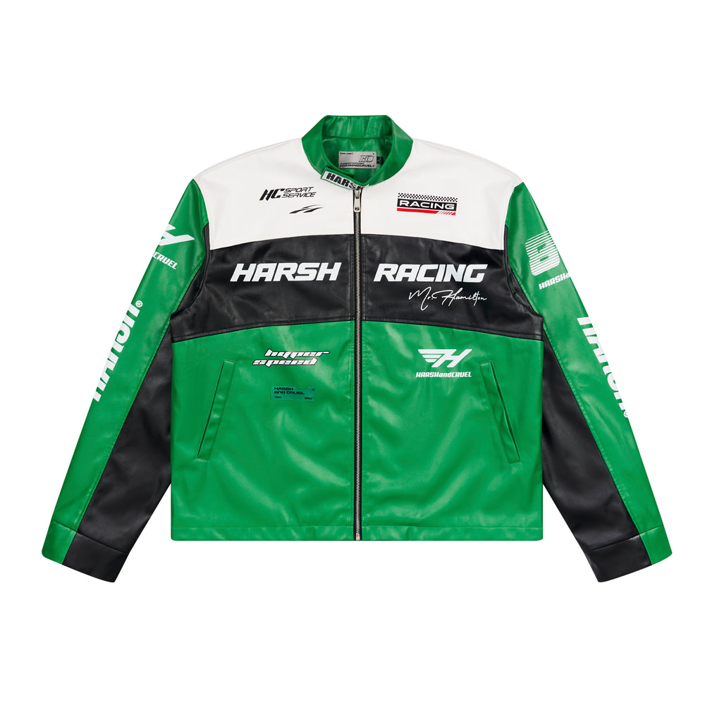 Harsh and Cruel Colorful Lapel F1 Racing Suit Faux Leather Jacket - The jacket features a colorful lapel design, inspired by F1 racing suits. It is made of faux leather material for a sleek, sporty look.