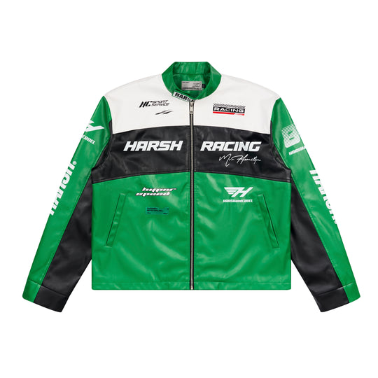 Harsh and Cruel Colorful Lapel F1 Racing Suit Faux Leather Jacket - The jacket features a colorful lapel design, inspired by F1 racing suits. It is made of faux leather material for a sleek, sporty look.