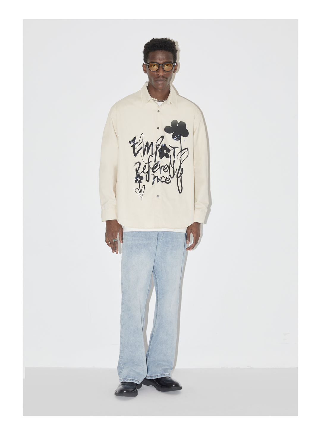 EMPTY REFERENCE Ink Graffiti Flower Print Long Sleeved Shirt