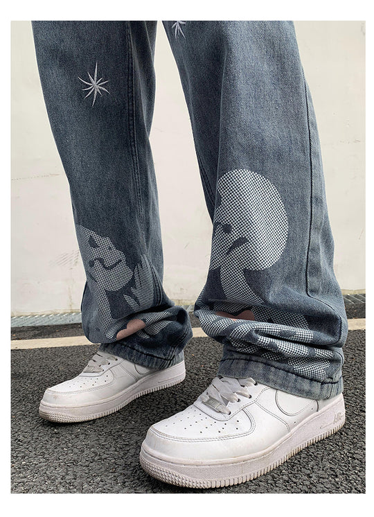 Skull Print Denim Jeans
