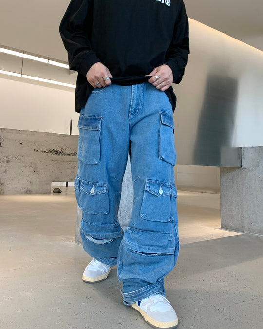F3F Select Multi Pocket Washed Denim Cargo Pants