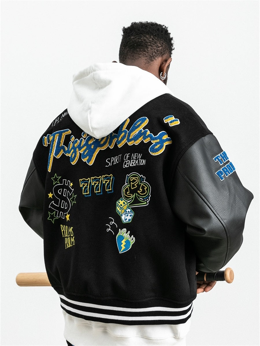 PRBLMS Dice Pattern Embroidered Varsity Jacket | Face 3 Face