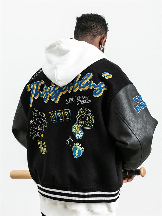 PRBLMS Dice Pattern Embroidered Varsity Jacket | Face 3 Face