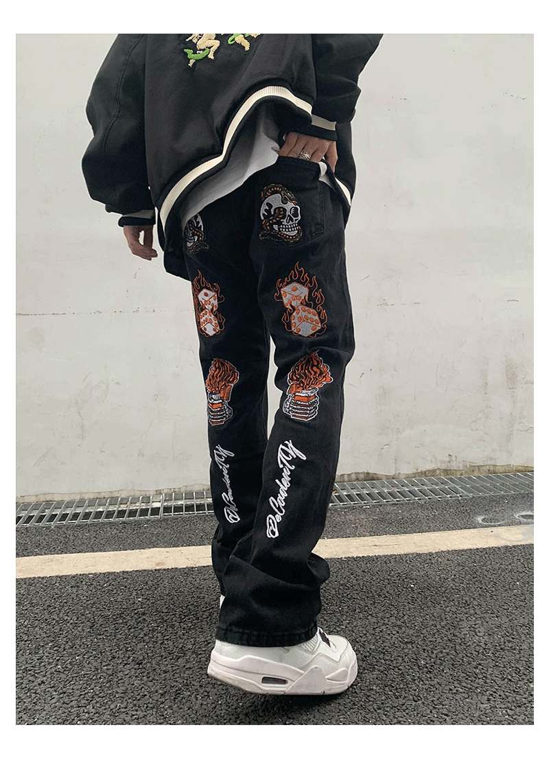 Skull Embroidered Denim Jeans