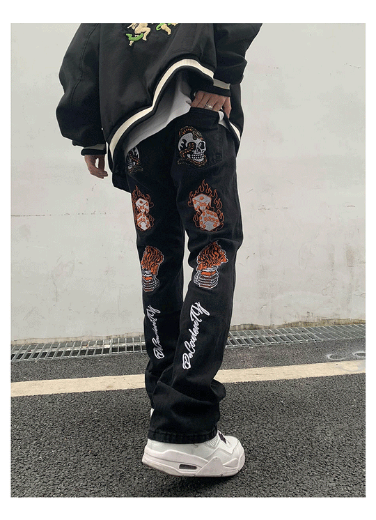 Skull Embroidered Denim Jeans