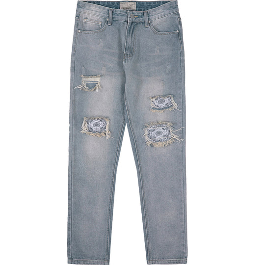 Harsh and Cruel Distressed Flower Print Distressed Loose Denim