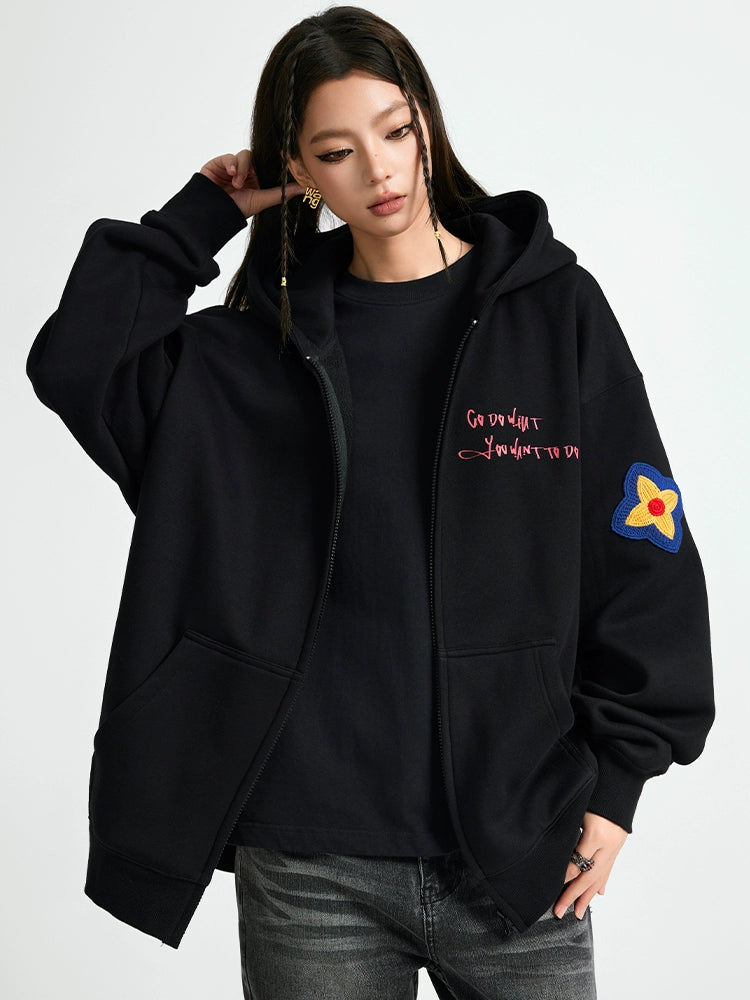 Achock Floral Embroidery Zipper Hoodie
