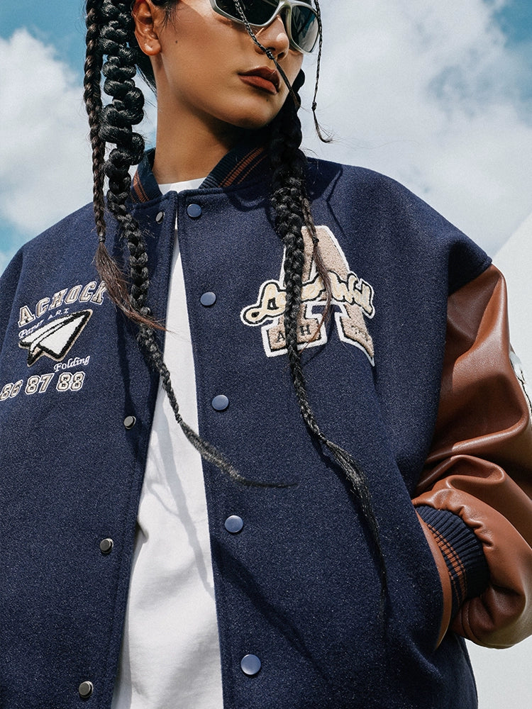 Baseball Jacket | Achock Airplane Embroidery Leather Baseball Jacket | Face 3 Face