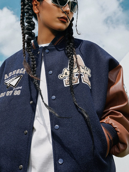 Baseball Jacket | Achock Airplane Embroidery Leather Baseball Jacket | Face 3 Face