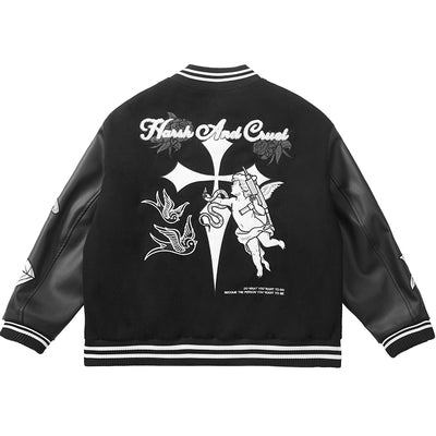 Harsh and Cruel Cross Angel Embroidered Varsity Jacket | Face 3 Face