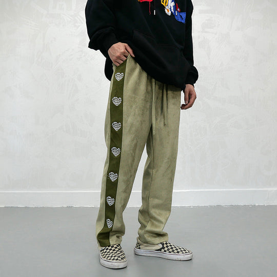 Love Heart Embroidery Velvet Track Pants