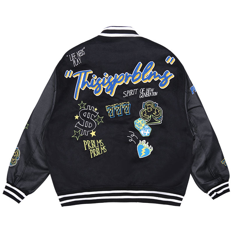 PRBLMS Dice Pattern Embroidered Varsity Jacket | Face 3 Face