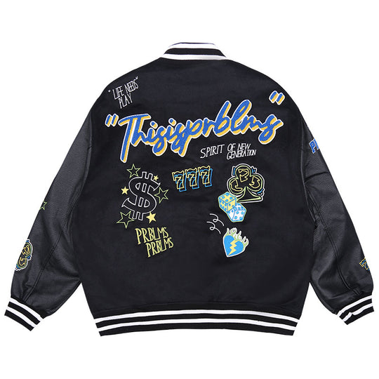 PRBLMS Dice Pattern Embroidered Varsity Jacket | Face 3 Face