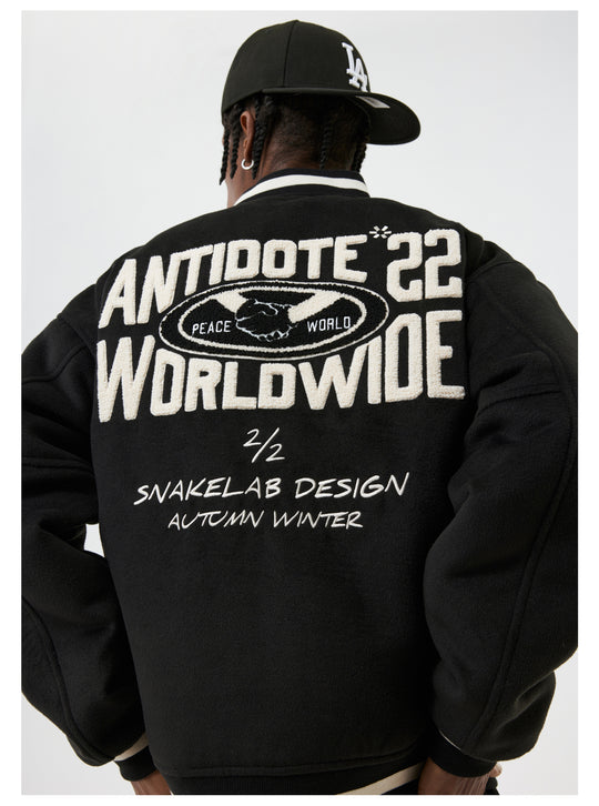 ANTIDOTE LOGO Woolen Embroidered Varsity Jacket | Face 3 Face