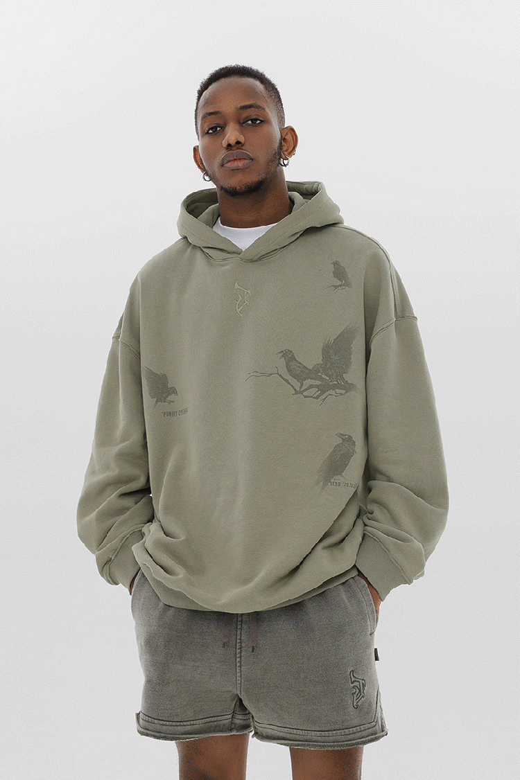 JHYQ Logo Embroidered Flying Bird Printed Hoodie