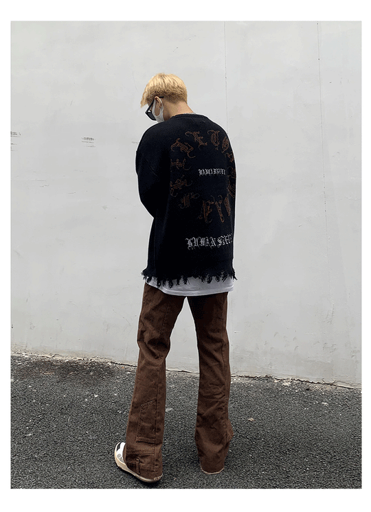 Skeleton Letters Frayed Distressed Knit Sweater